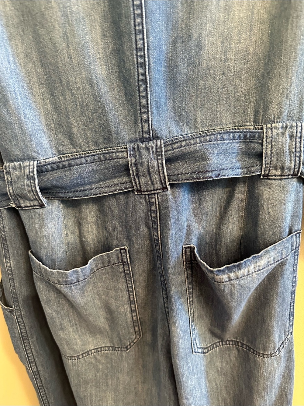 &Denim Chambray Belted Wide Leg Jumpsuit Women's Medium Button Front Sz 8 - Picture 8 of 14